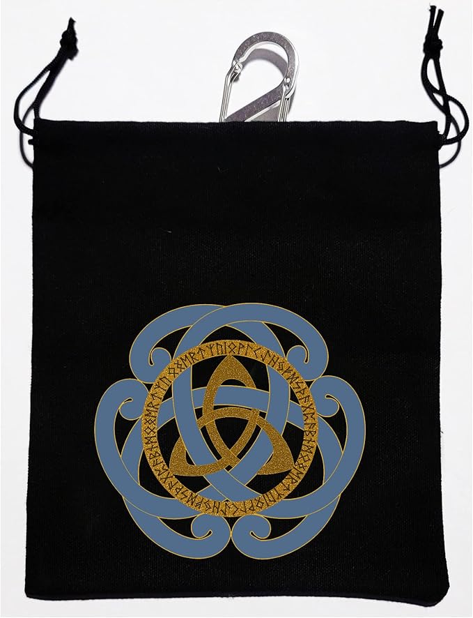 Dwarven Shield Hip-Clip dice bag, runic shield design on heavy cotton with an S-clip carabiner