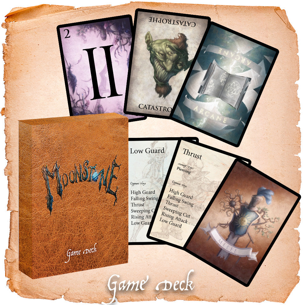 The Moonstone game deck, the cards that replace dice