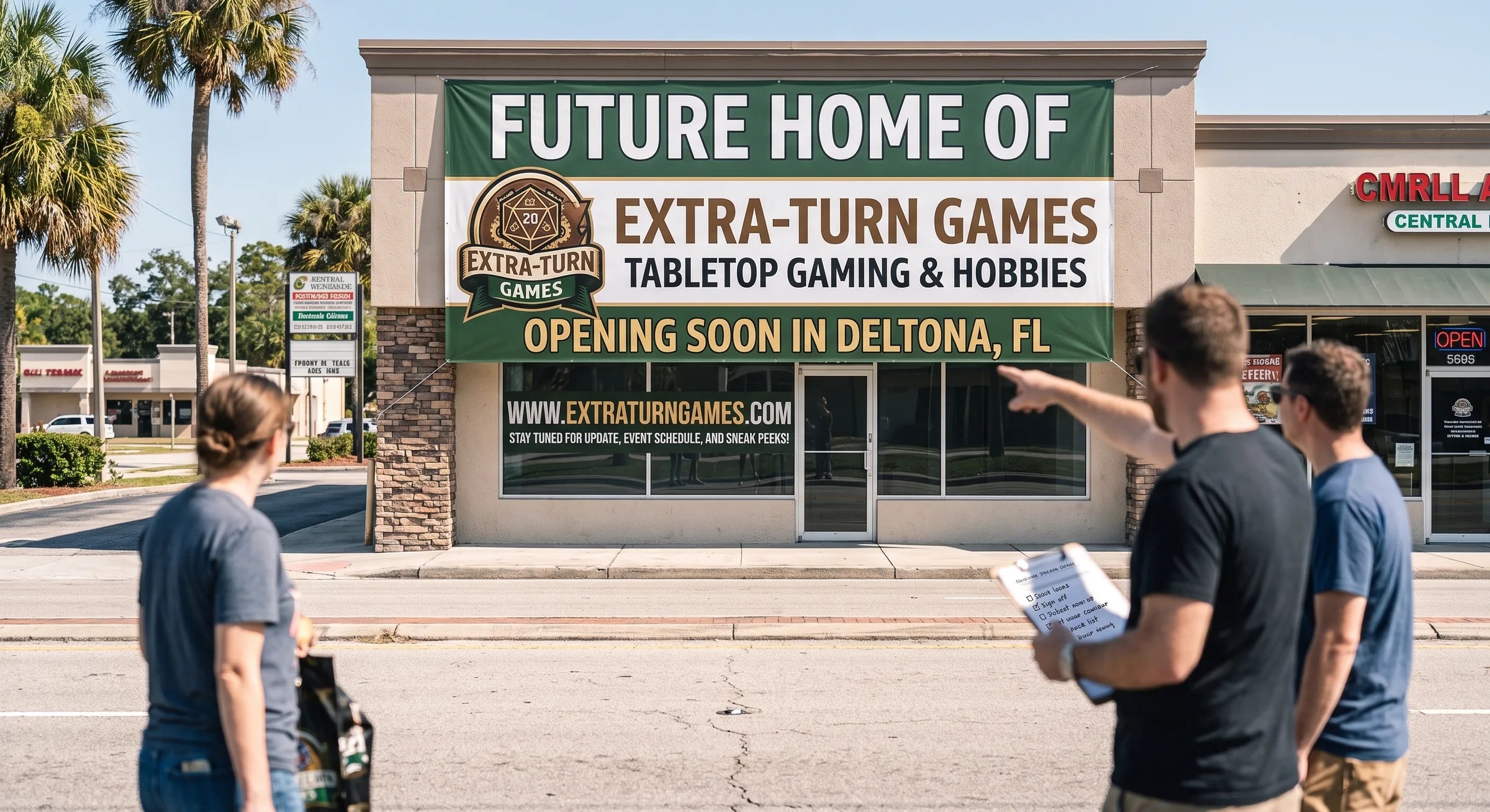 The future Extra Turn Games storefront in Deltona, Florida, with an Opening Soon banner across the front