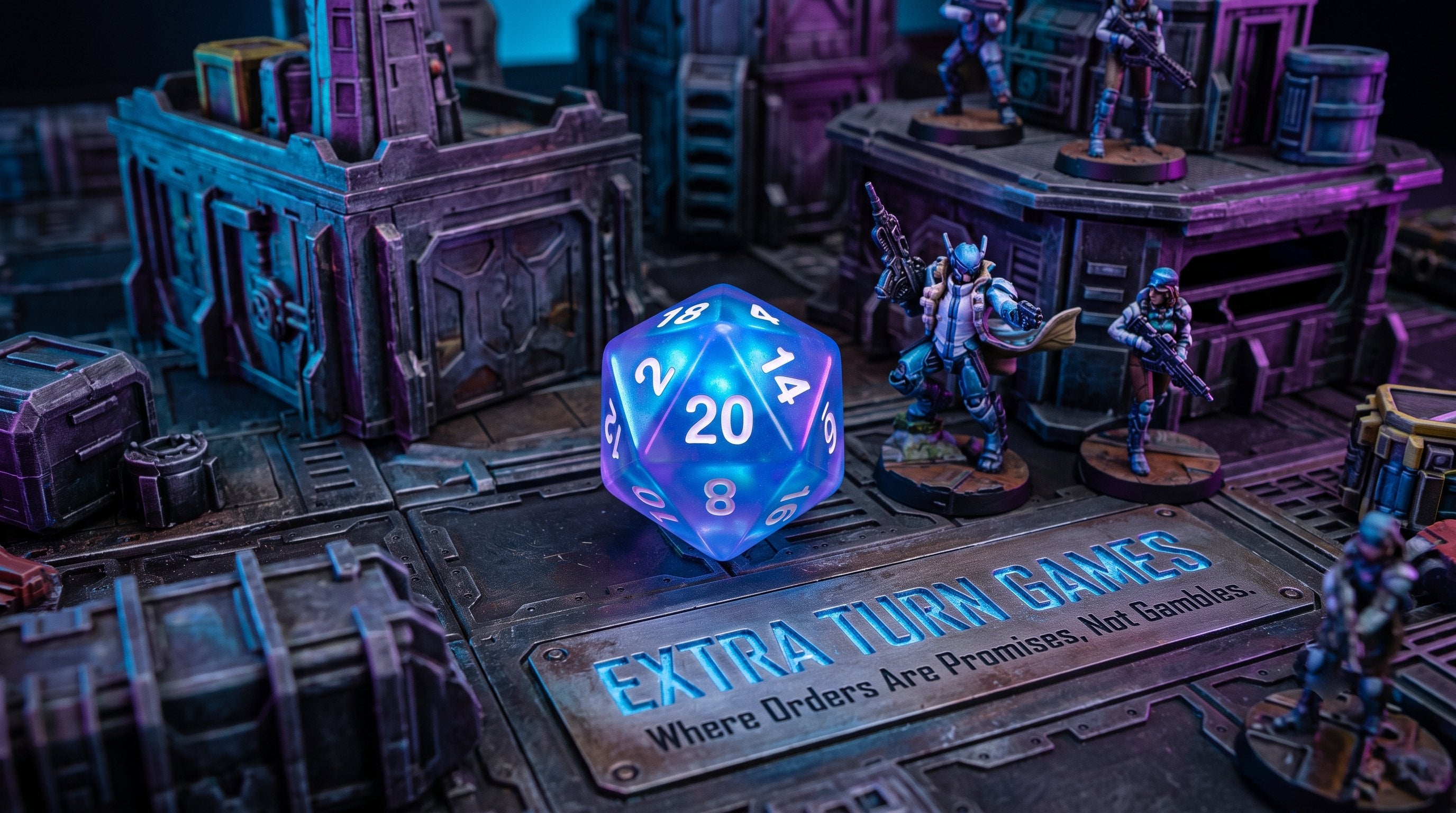 Extra Turn Games: painted sci-fi miniatures and a glowing d20 on a cyberpunk game board, with the shop name engraved on a deck plate