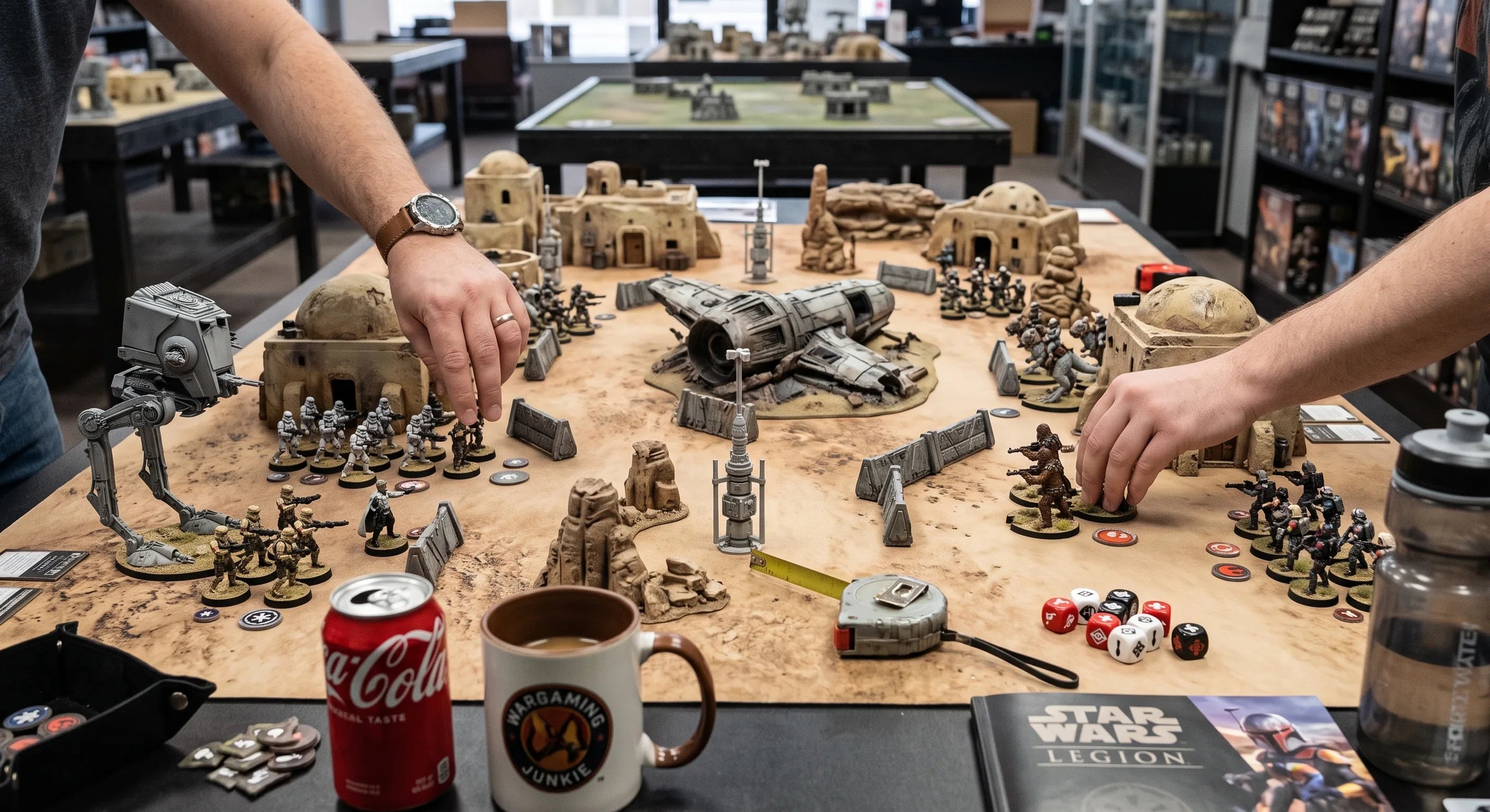 Two players mid-game on a Star Wars: Legion table at Extra Turn Games, terrain and painted squads deployed, dice and a rulebook beside the board
